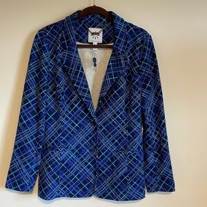 NWT Plaid Academia Blazer Isaac Mizrahi Blue Work Soft Jersey Style Business